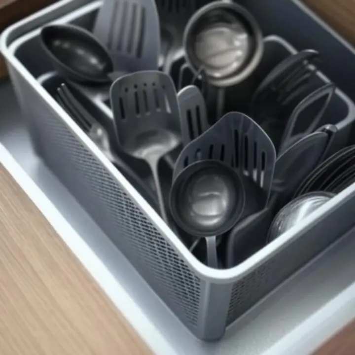 Fiók belseje bővíthető fiókrendszerezővel és rendezett evőeszközökkel.