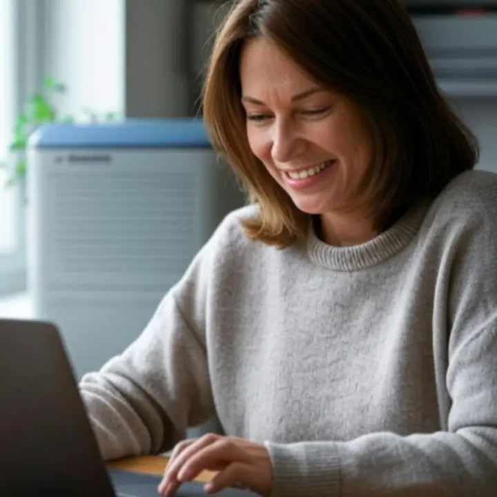 Mosolygó Homvura vásárló, aki elégedetten értékeli új tárolótermékét.