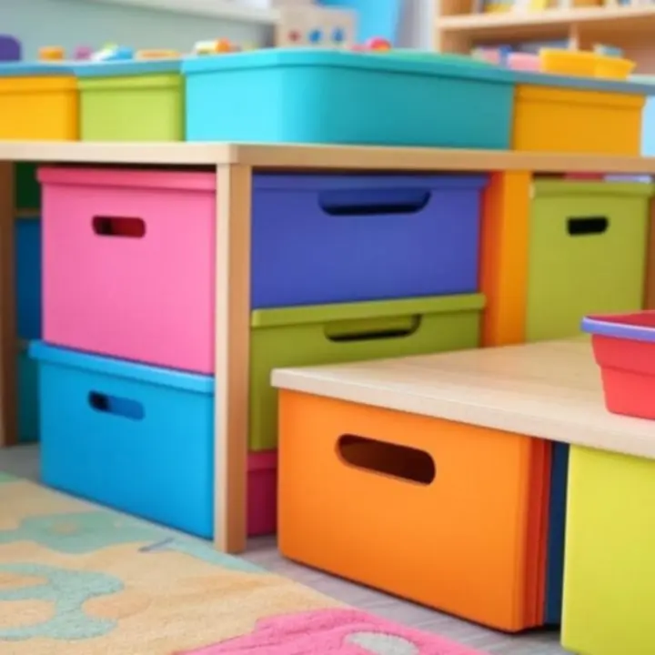 Színes, vidám gyerekszobai tárolódobozok játékokkal