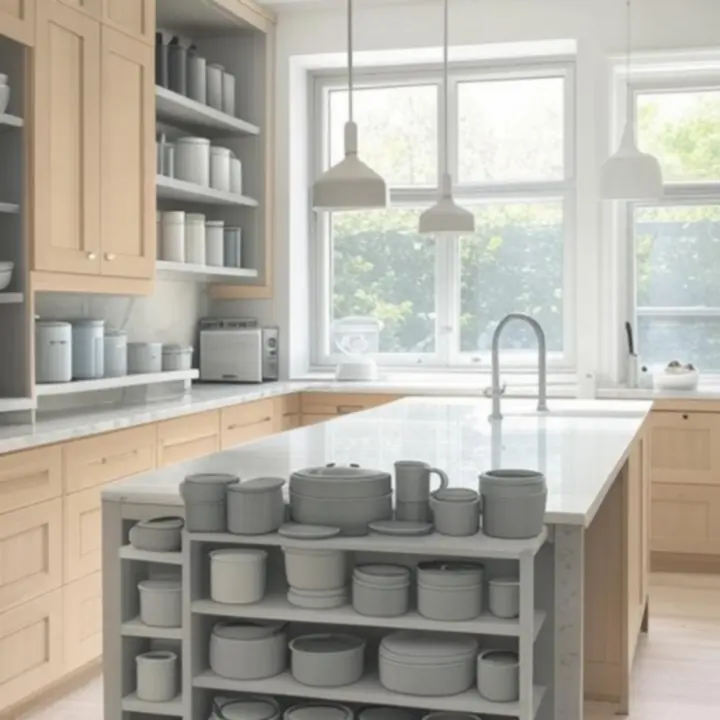 Letisztult, modern konyhapult rendszerezett tárolókkal és kiegészítőkkel.