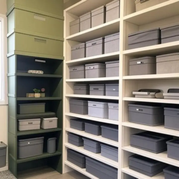 Modern, világos belső tér természetes színekkel és rendszerezett tárolókkal