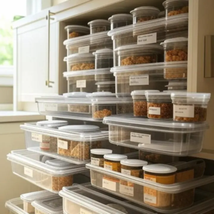 Rendezett konyhaszekrény modern tárolóedényekkel