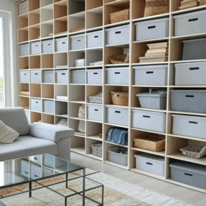 Modern, letisztult tárolóedények rendezett polcon