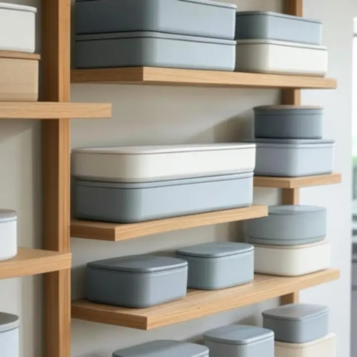 Minimalista, stílusos konyhai tárolók modern pulton elrendezve.