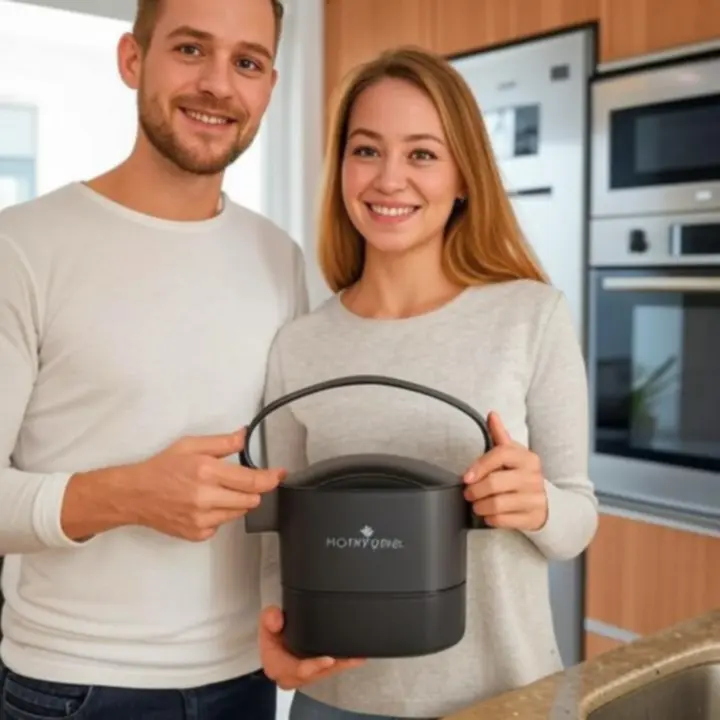 Homvura vásárló, aki büszkén mutatja be új tárolótermékét otthoni környezetben.