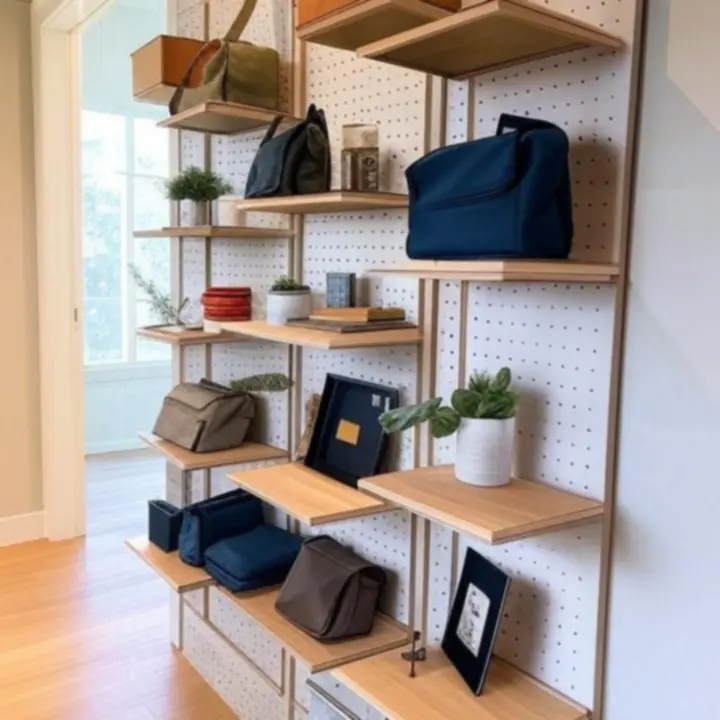 Falra szerelt modern tárolórendszer konyhai eszközökkel